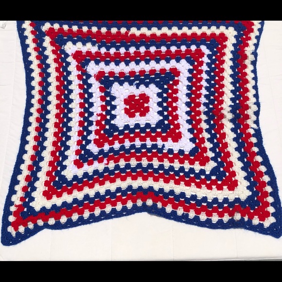 Red, White, Blue Crocheted Lap Throw Square Small 32” x 32” - Picture 2 of 2